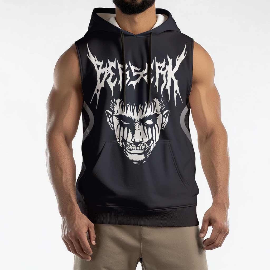 Guts Berserk Sleeveless Hoodie with Black Red Dark Theme and Fierce Warrior Anime Design - The Mazicc