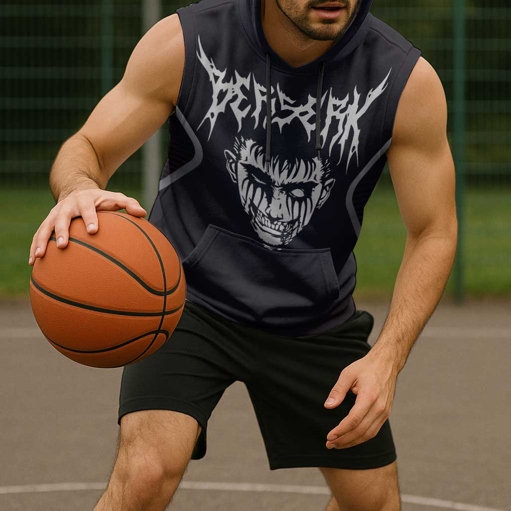 Guts Berserk Sleeveless Hoodie with Black Red Dark Theme and Fierce Warrior Anime Design - The Mazicc