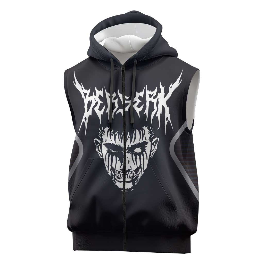 Guts Berserk Sleeveless Zip Hoodie with Black Red Dark Theme and Fierce Warrior Anime Design - The Mazicc