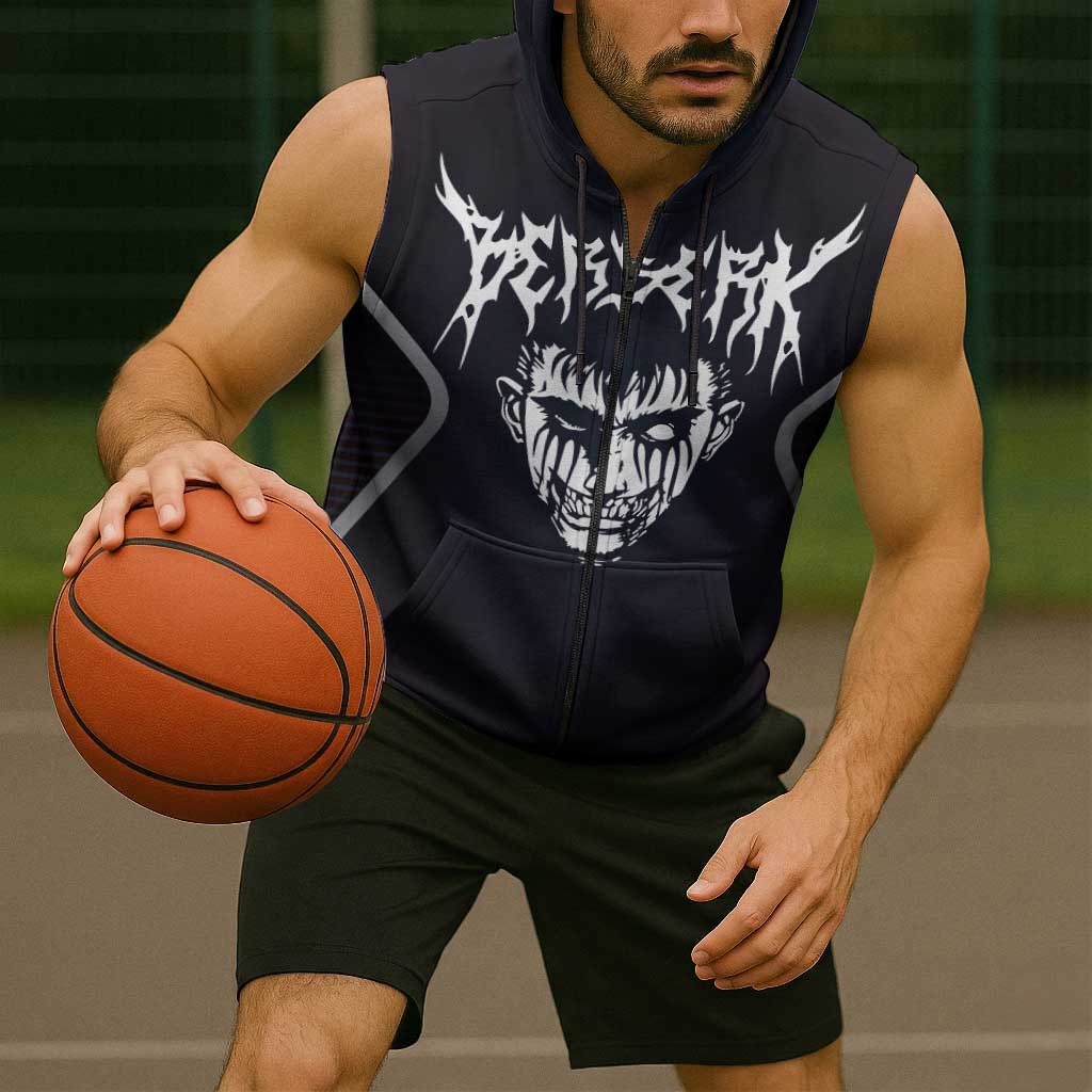Guts Berserk Sleeveless Zip Hoodie with Black Red Dark Theme and Fierce Warrior Anime Design - The Mazicc