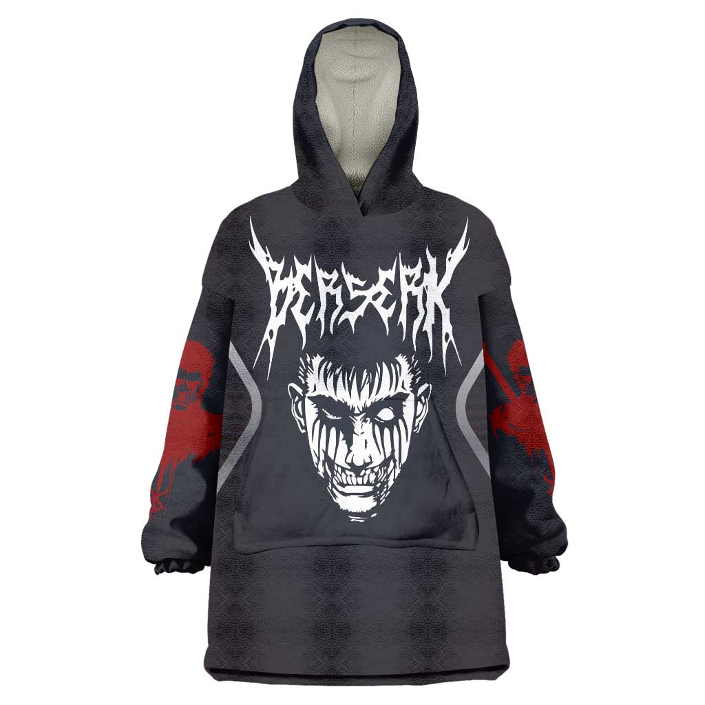 Guts Berserk Wearable Blanket Hoodie with Black Red Dark Theme and Fierce Warrior Anime Design - The Mazicc