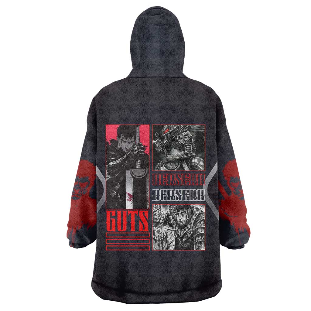 Guts Berserk Wearable Blanket Hoodie with Black Red Dark Theme and Fierce Warrior Anime Design - The Mazicc