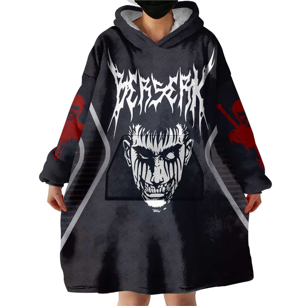Guts Berserk Wearable Blanket Hoodie with Black Red Dark Theme and Fierce Warrior Anime Design - The Mazicc