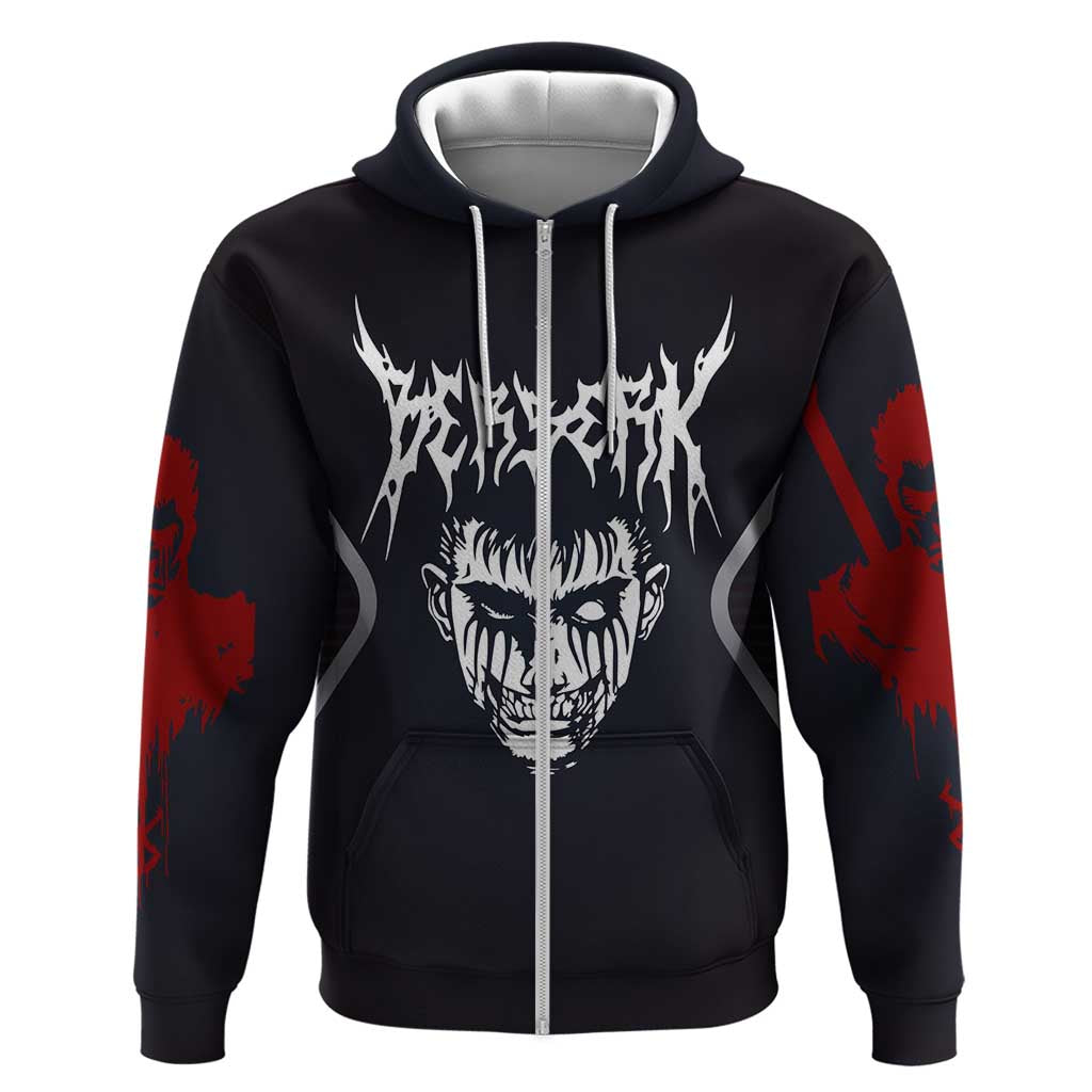 Guts Berserk Zip Hoodie with Black Red Dark Theme and Fierce Warrior Anime Design - The Mazicc