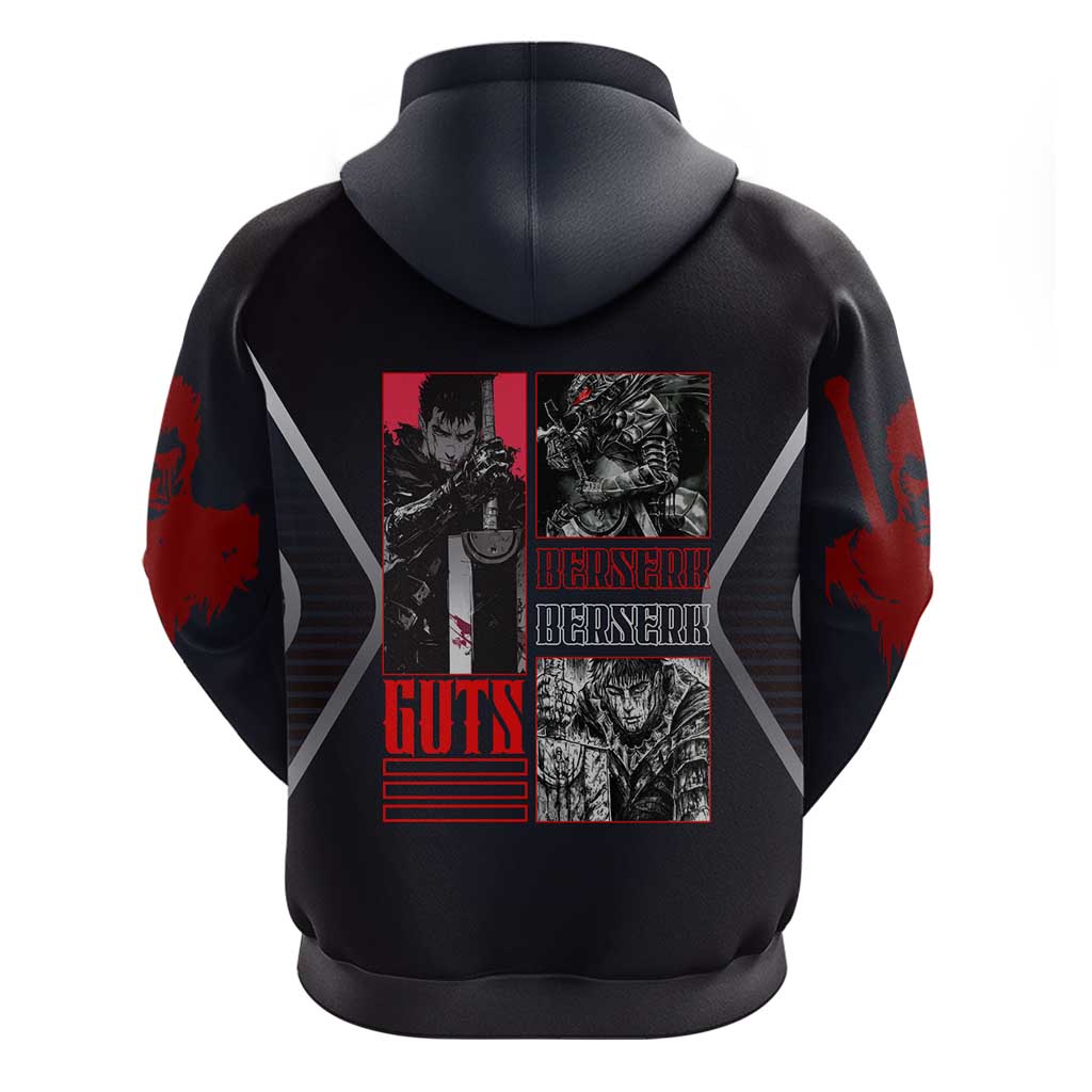 Guts Berserk Zip Hoodie with Black Red Dark Theme and Fierce Warrior Anime Design - The Mazicc