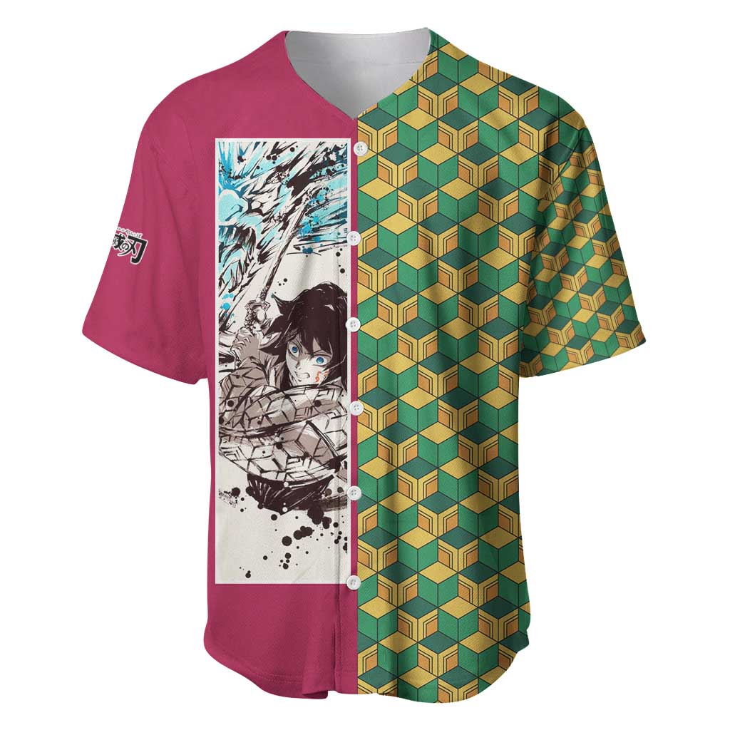 Giyu Tomioka Demon Slayer Baseball Jersey with Red Green Geometric Pattern and Water Breathing Anime Design - The Mazicc