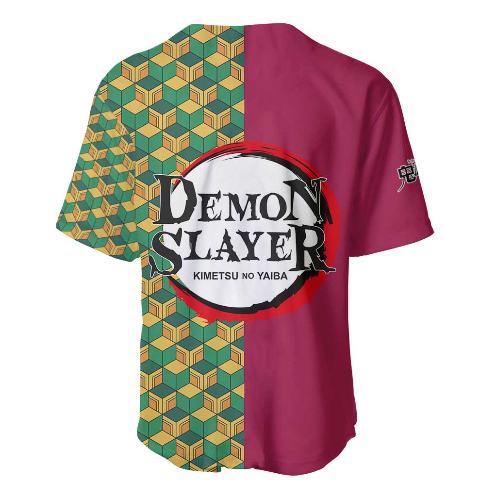 Giyu Tomioka Demon Slayer Baseball Jersey with Red Green Geometric Pattern and Water Breathing Anime Design - The Mazicc