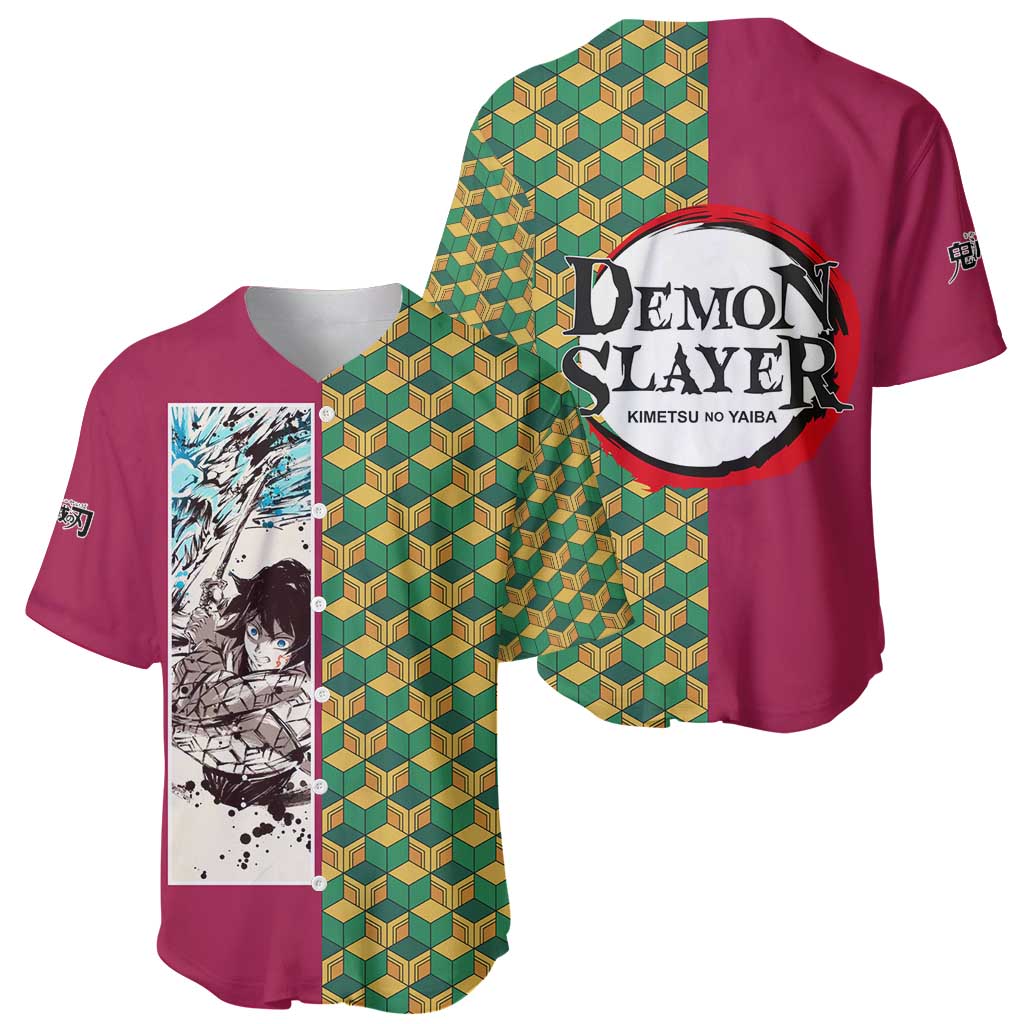 Giyu Tomioka Demon Slayer Baseball Jersey with Red Green Geometric Pattern and Water Breathing Anime Design - The Mazicc