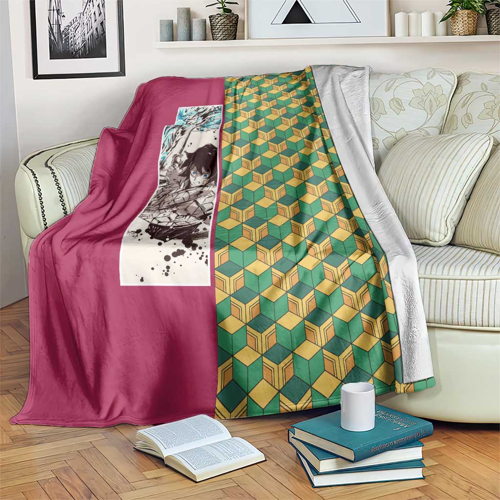 Giyu Tomioka Demon Slayer Blanket with Red Green Geometric Pattern and Water Breathing Anime Design - The Mazicc