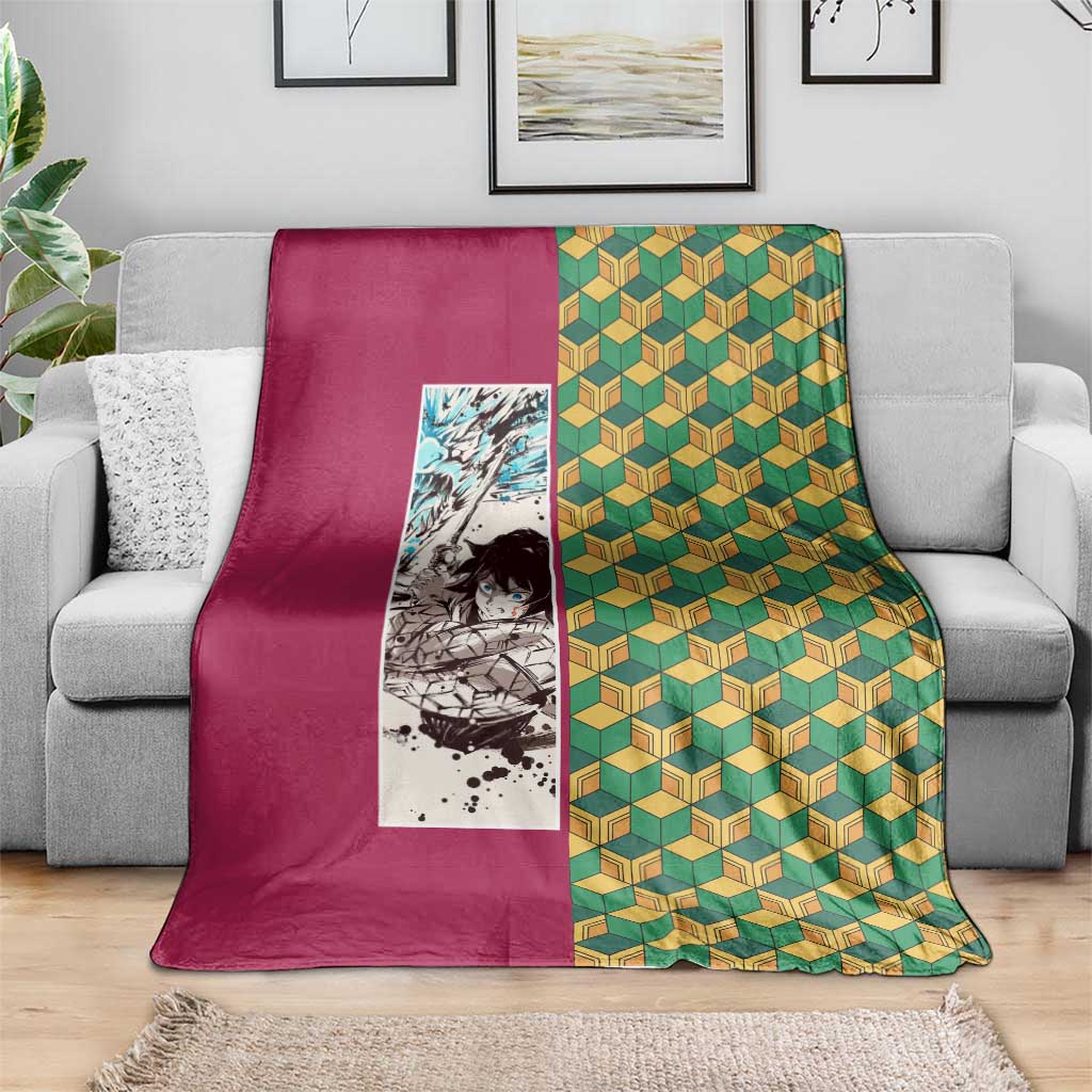 Giyu Tomioka Demon Slayer Blanket with Red Green Geometric Pattern and Water Breathing Anime Design - The Mazicc
