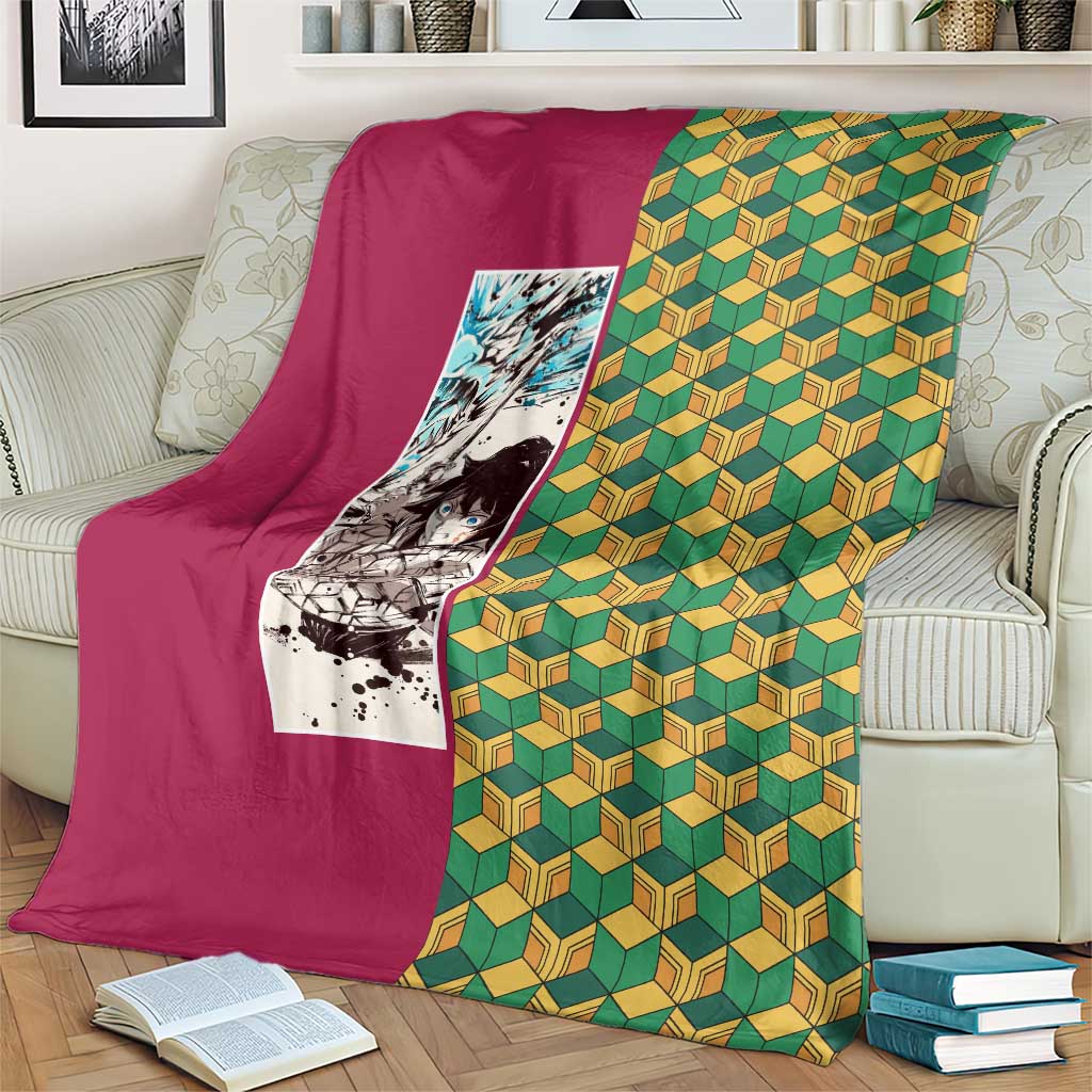 Giyu Tomioka Demon Slayer Blanket with Red Green Geometric Pattern and Water Breathing Anime Design - The Mazicc