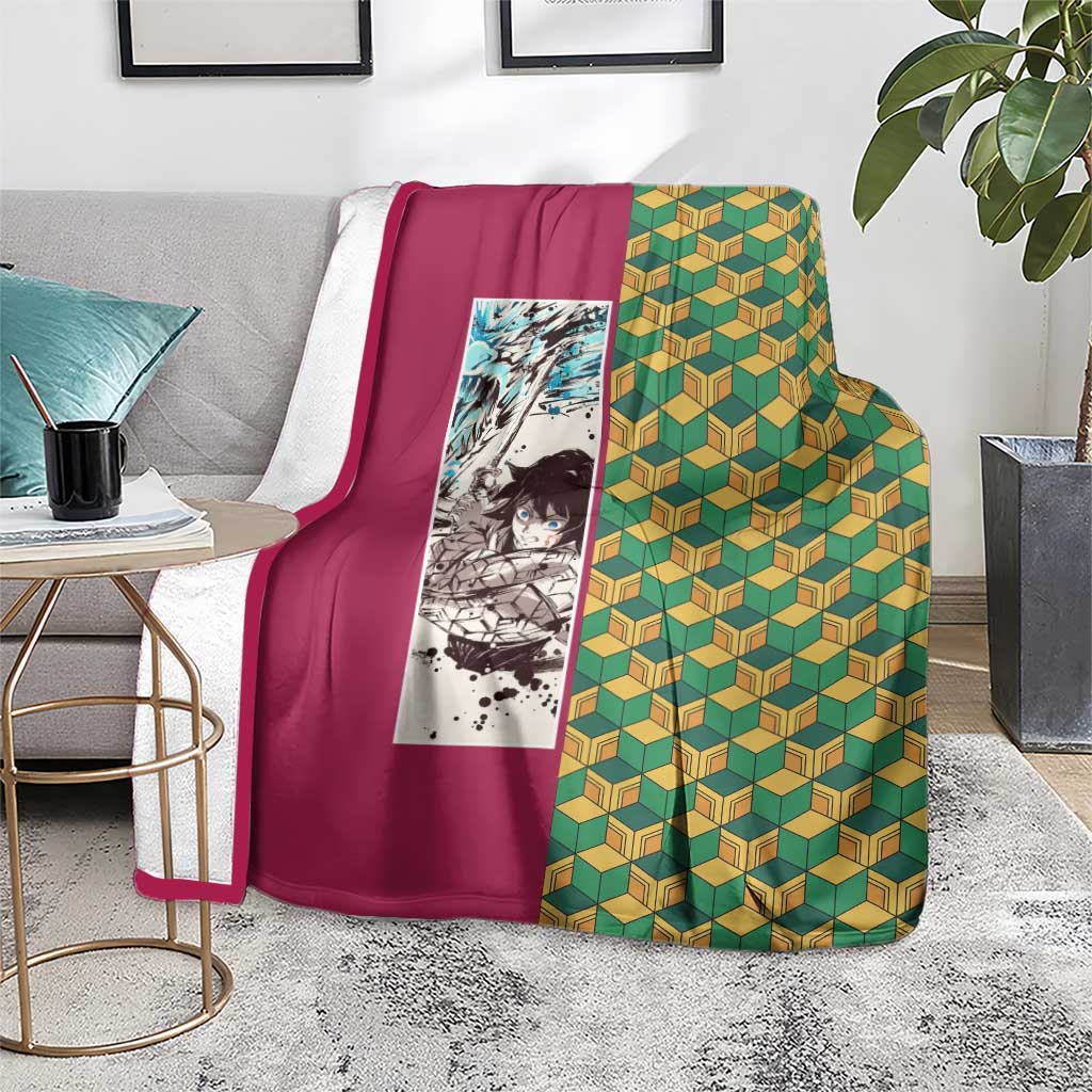 Giyu Tomioka Demon Slayer Blanket with Red Green Geometric Pattern and Water Breathing Anime Design - The Mazicc