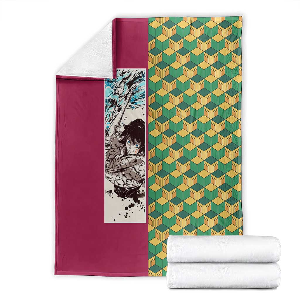 Giyu Tomioka Demon Slayer Blanket with Red Green Geometric Pattern and Water Breathing Anime Design - The Mazicc