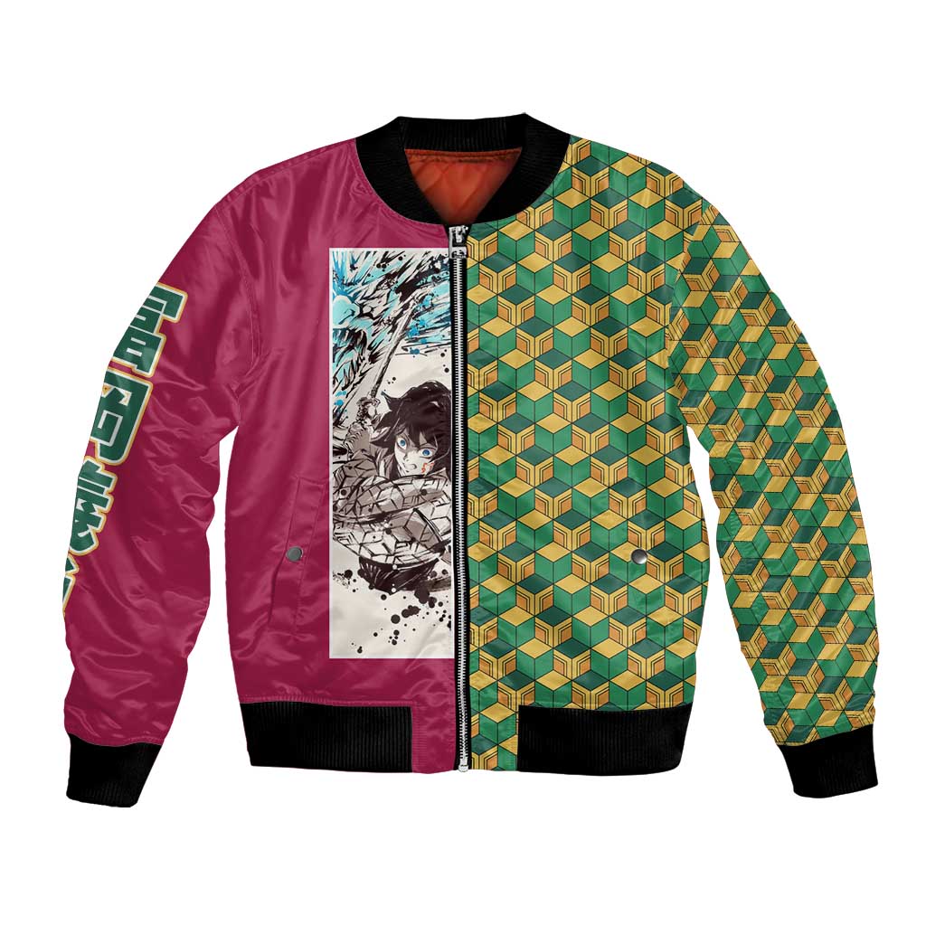 Giyu Tomioka Demon Slayer Bomber Jacket with Red Green Geometric Pattern and Water Breathing Anime Design - The Mazicc