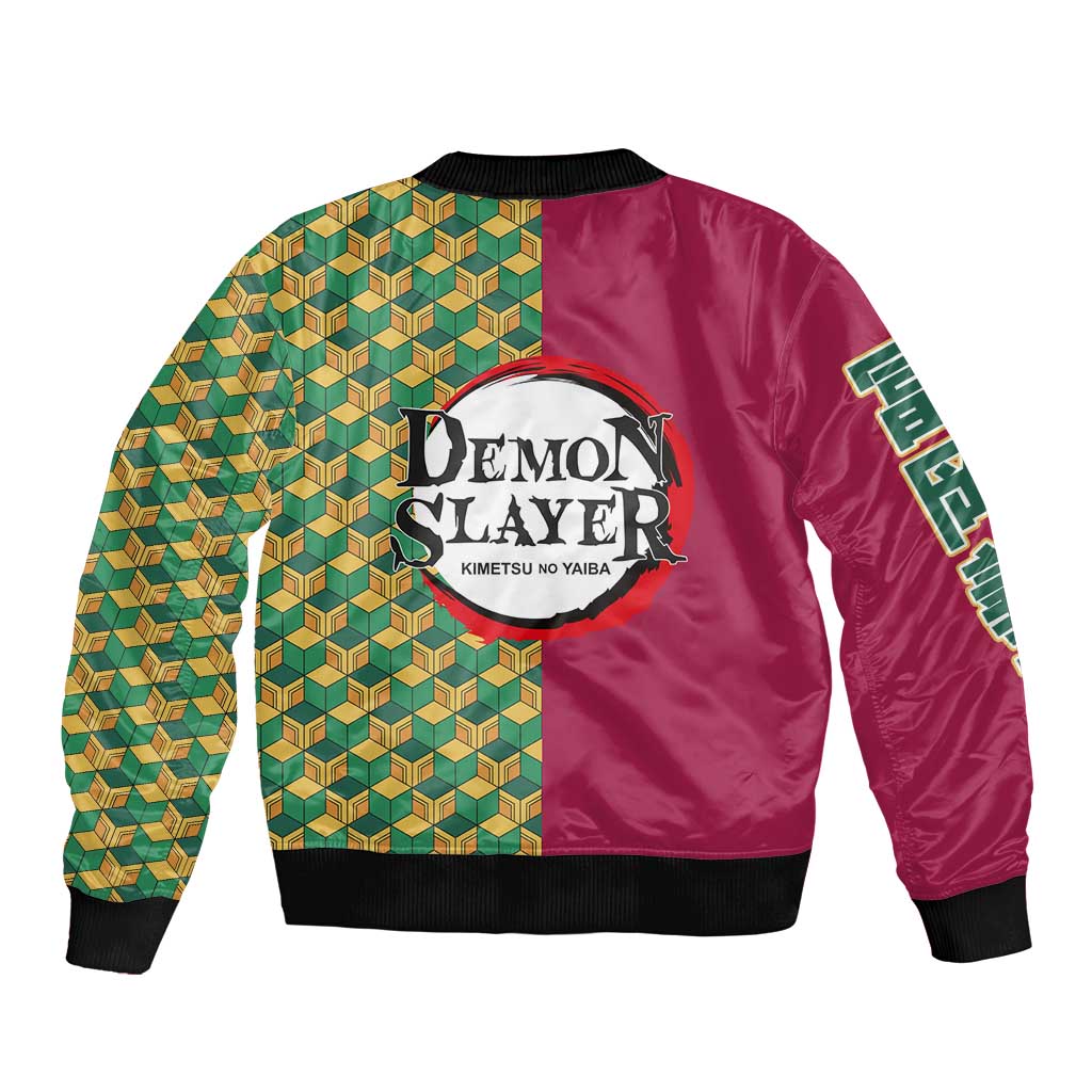 Giyu Tomioka Demon Slayer Bomber Jacket with Red Green Geometric Pattern and Water Breathing Anime Design - The Mazicc
