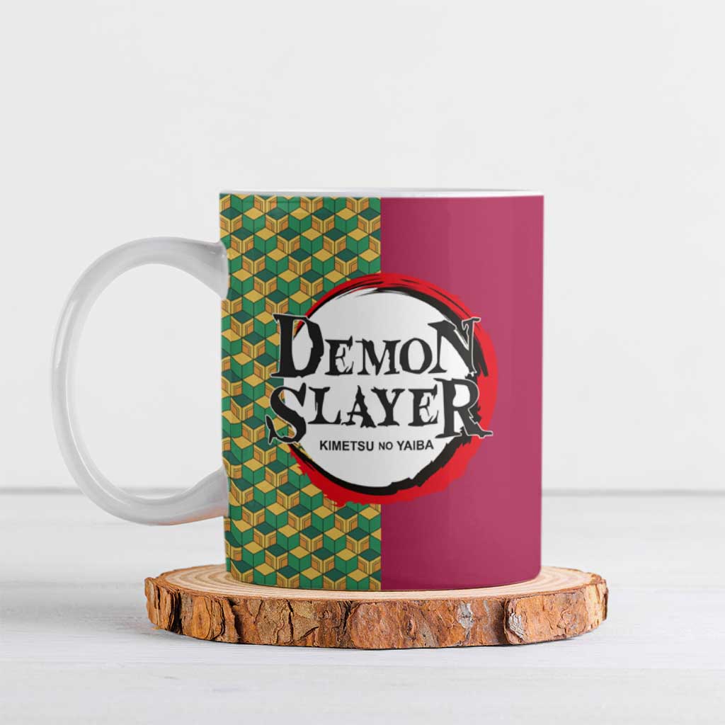 Giyu Tomioka Demon Slayer Ceramic Mug with Red Green Geometric Pattern and Water Breathing Anime Design - The Mazicc