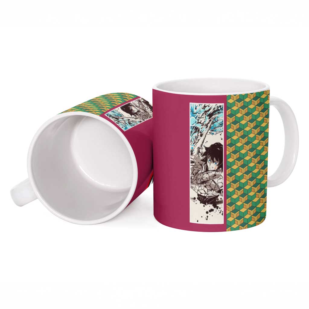 Giyu Tomioka Demon Slayer Ceramic Mug with Red Green Geometric Pattern and Water Breathing Anime Design - The Mazicc
