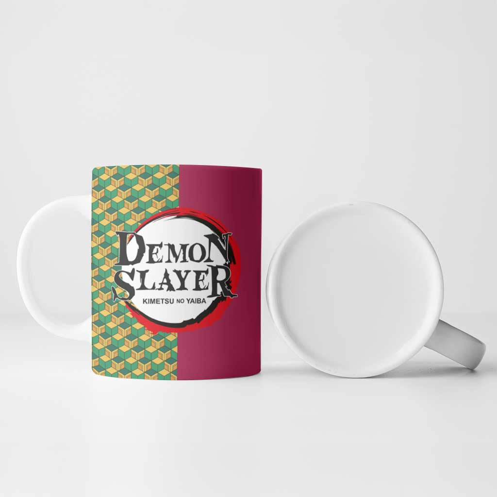 Giyu Tomioka Demon Slayer Ceramic Mug with Red Green Geometric Pattern and Water Breathing Anime Design - The Mazicc
