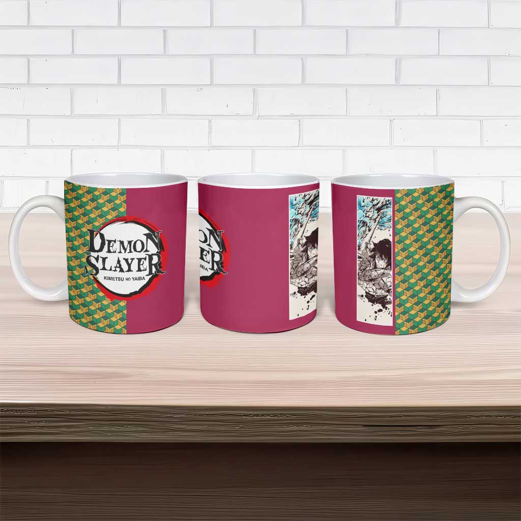 Giyu Tomioka Demon Slayer Ceramic Mug with Red Green Geometric Pattern and Water Breathing Anime Design - The Mazicc