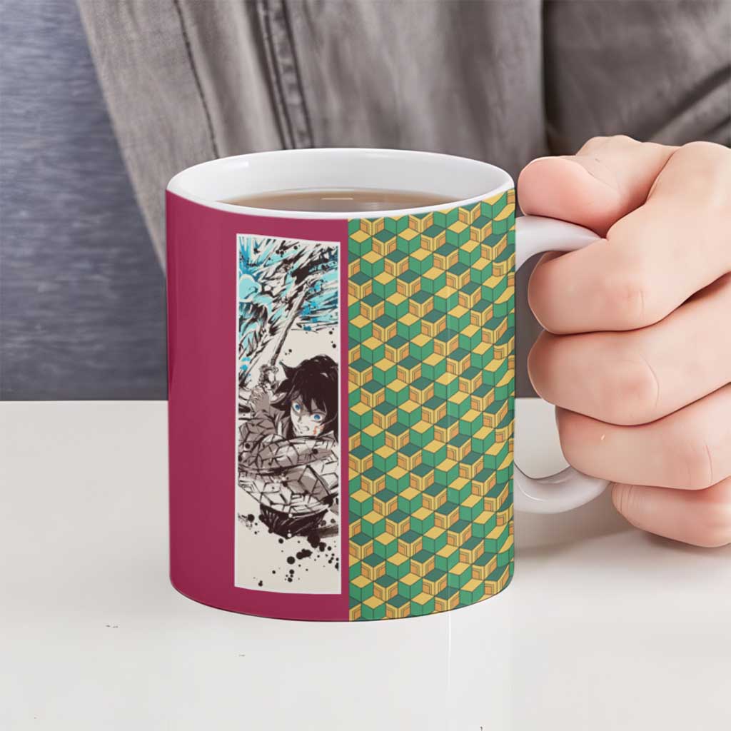 Giyu Tomioka Demon Slayer Ceramic Mug with Red Green Geometric Pattern and Water Breathing Anime Design - The Mazicc