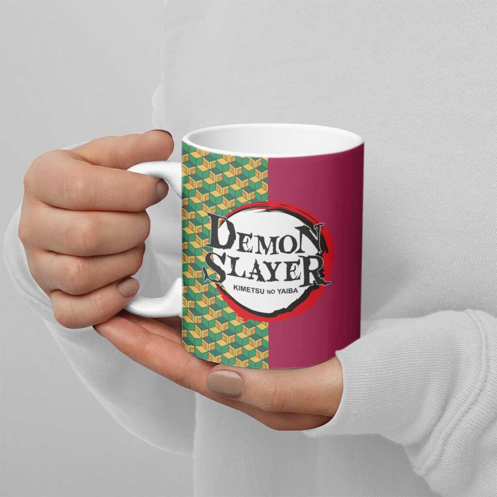 Giyu Tomioka Demon Slayer Ceramic Mug with Red Green Geometric Pattern and Water Breathing Anime Design - The Mazicc