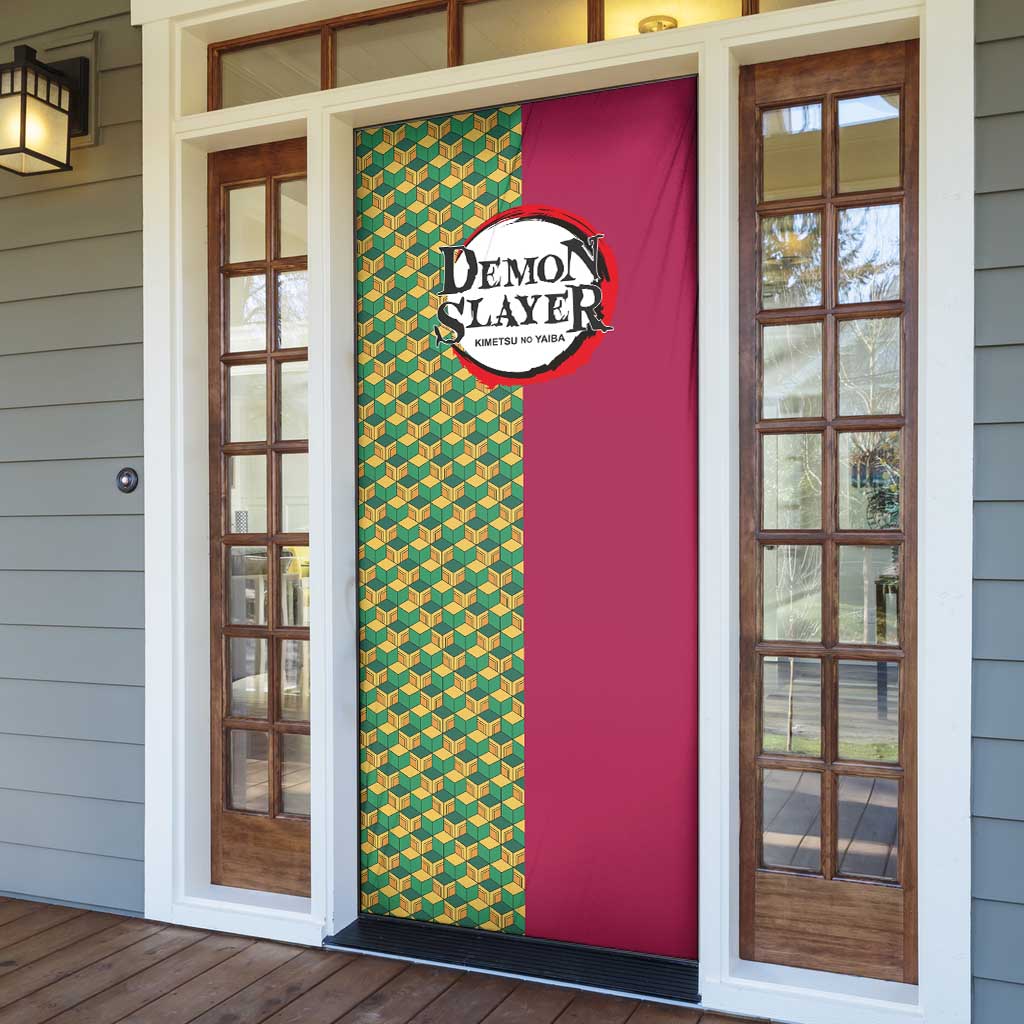 Giyu Tomioka Demon Slayer Door Cover with Red Green Geometric Pattern and Water Breathing Anime Design - The Mazicc