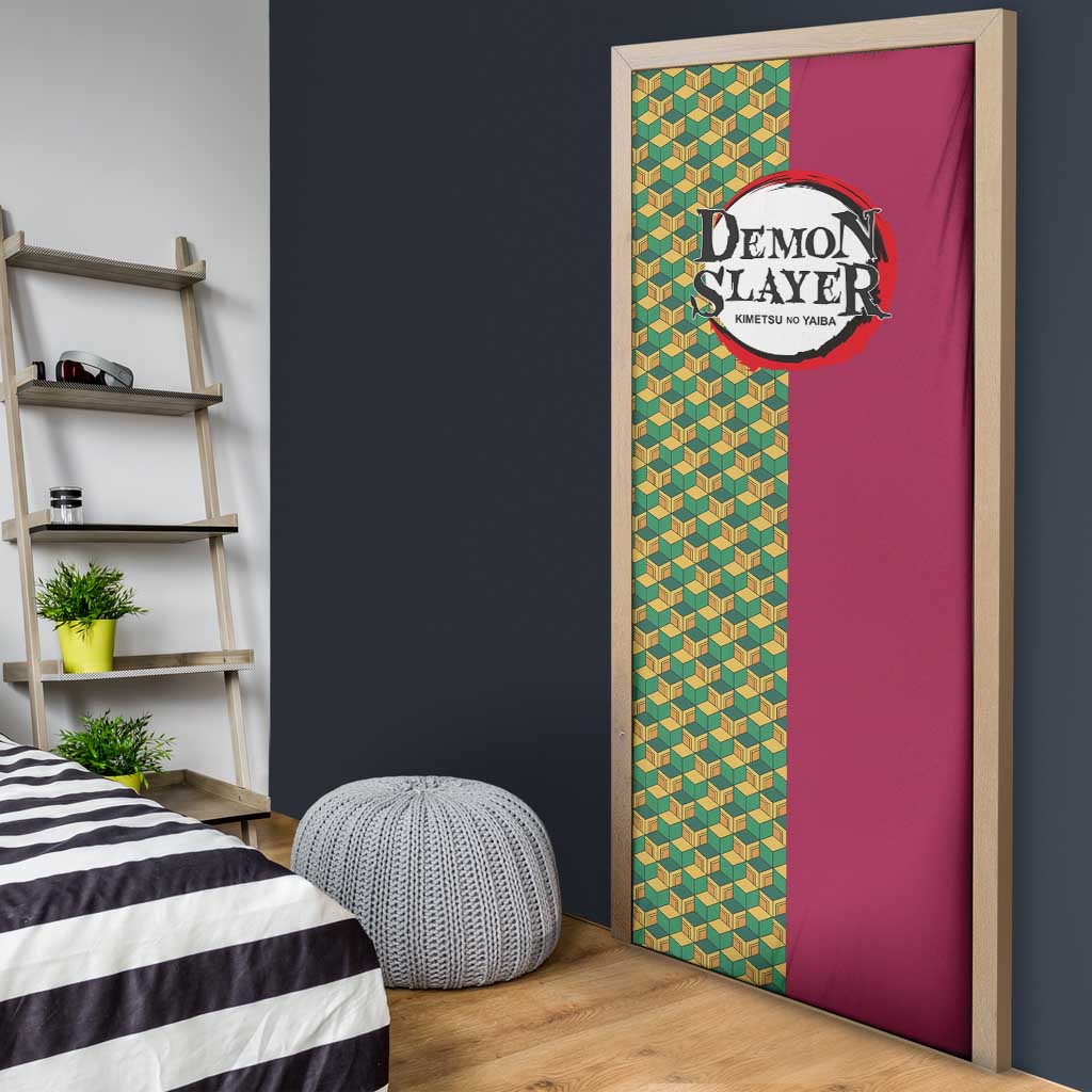 Giyu Tomioka Demon Slayer Door Cover with Red Green Geometric Pattern and Water Breathing Anime Design - The Mazicc