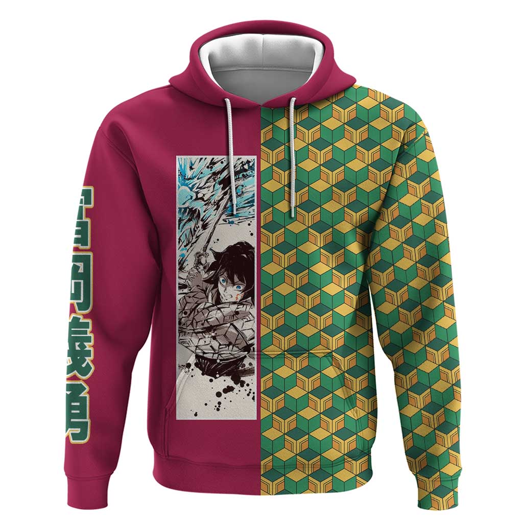 Giyu Tomioka Demon Slayer Hoodie with Red Green Geometric Pattern and Water Breathing Anime Design - The Mazicc