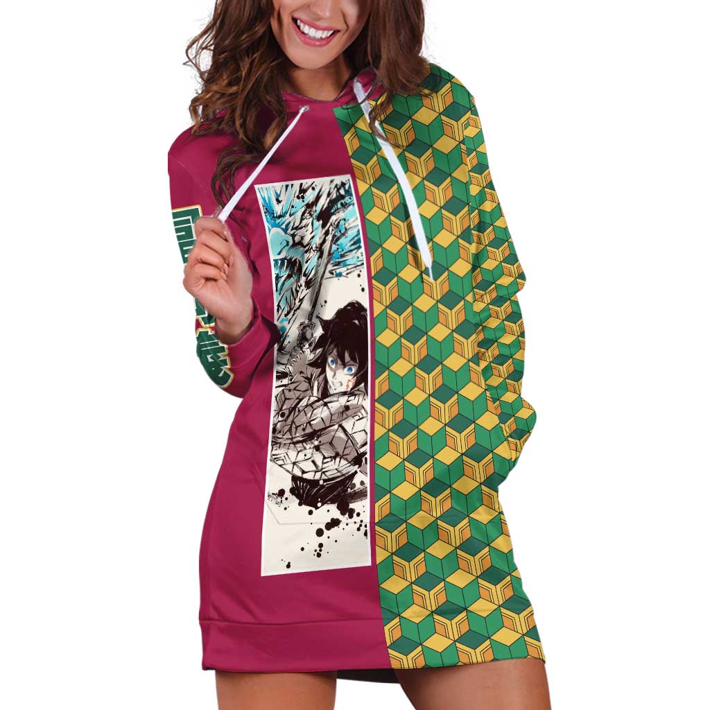 Giyu Tomioka Demon Slayer Hoodie Dress with Red Green Geometric Pattern and Water Breathing Anime Design - The Mazicc