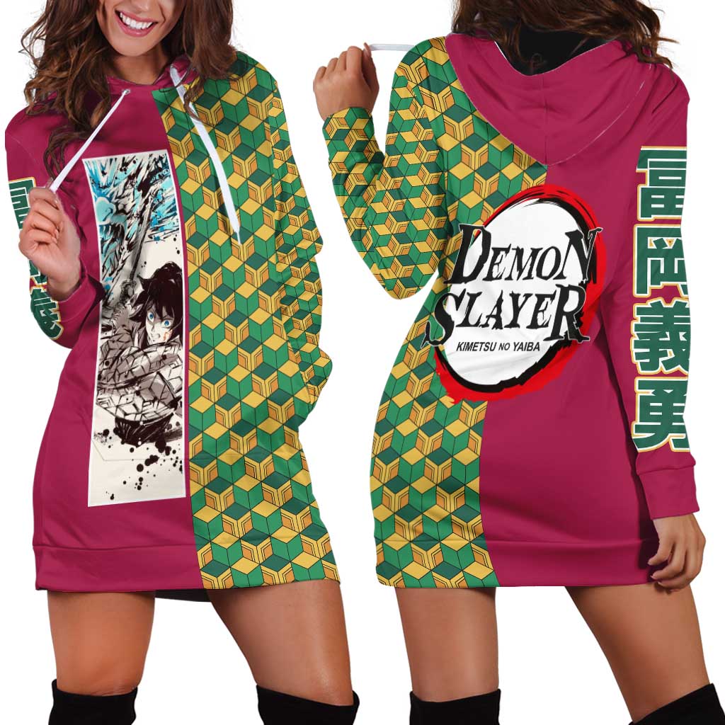 Giyu Tomioka Demon Slayer Hoodie Dress with Red Green Geometric Pattern and Water Breathing Anime Design - The Mazicc