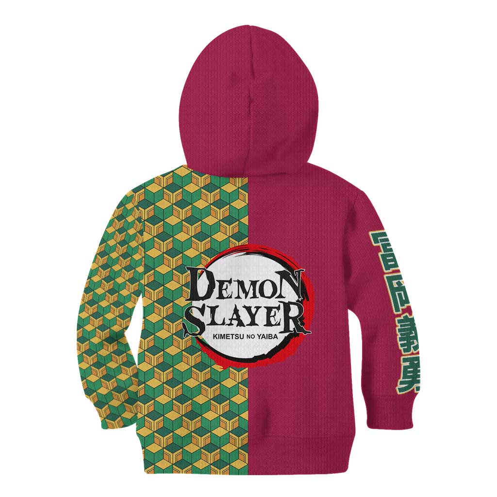 Giyu Tomioka Demon Slayer Kid Hoodie with Red Green Geometric Pattern and Water Breathing Anime Design - The Mazicc