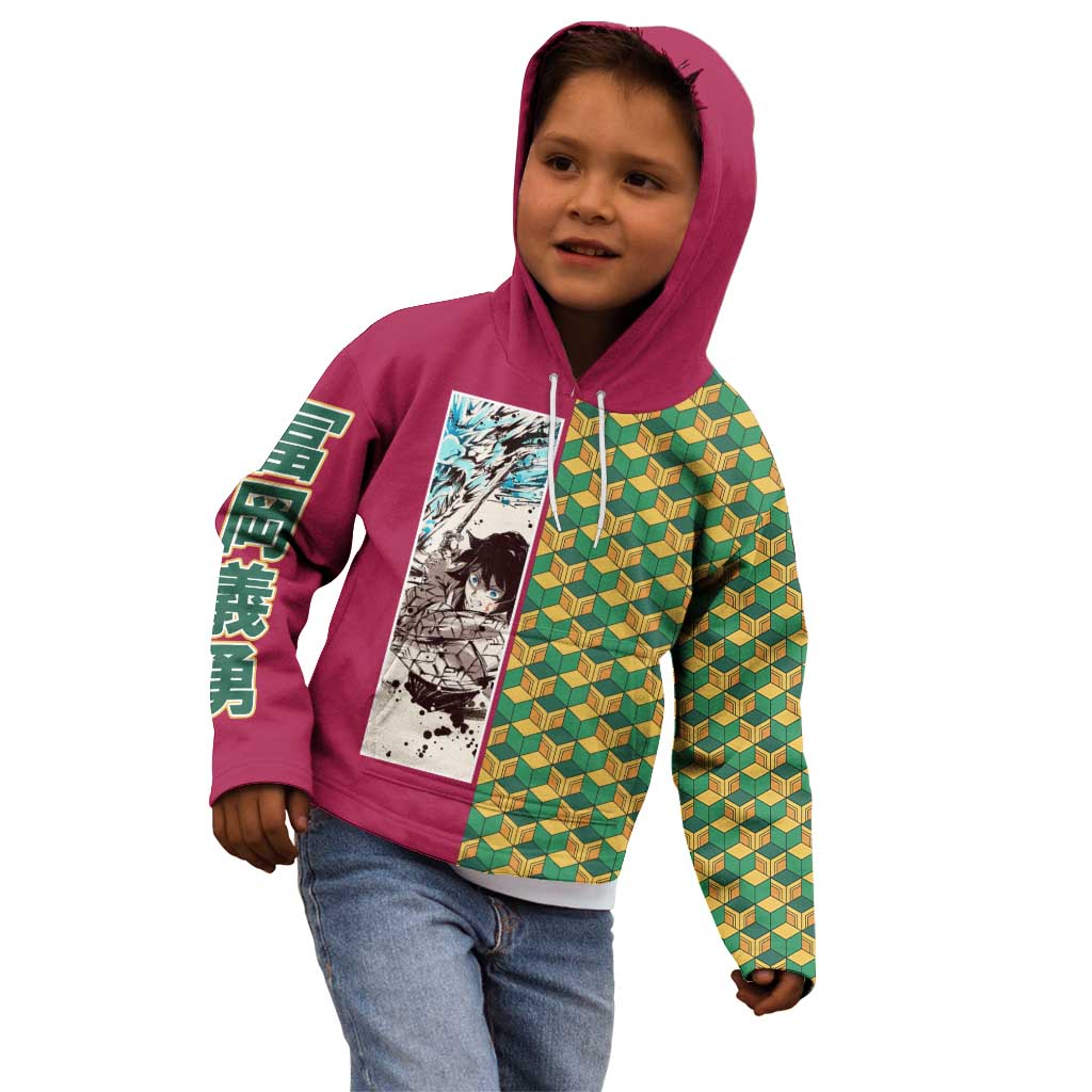 Giyu Tomioka Demon Slayer Kid Hoodie with Red Green Geometric Pattern and Water Breathing Anime Design - The Mazicc