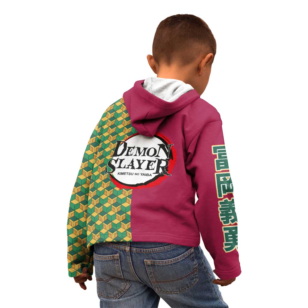 Giyu Tomioka Demon Slayer Kid Hoodie with Red Green Geometric Pattern and Water Breathing Anime Design - The Mazicc