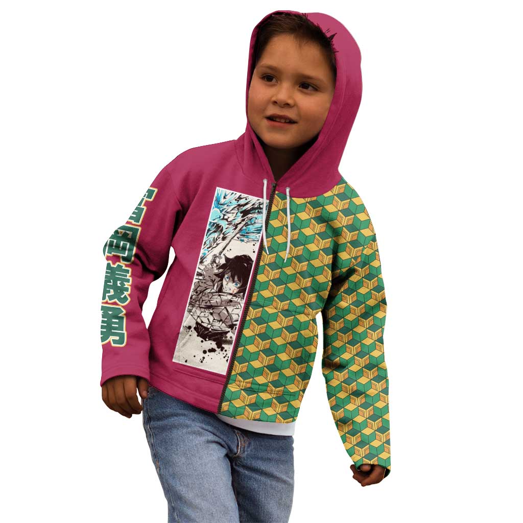 Giyu Tomioka Demon Slayer Kid Hoodie with Red Green Geometric Pattern and Water Breathing Anime Design - The Mazicc