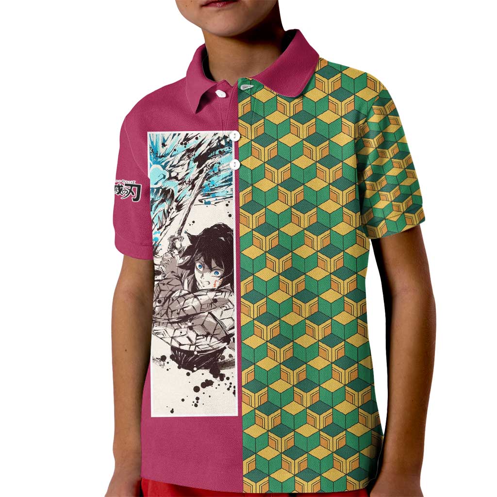Giyu Tomioka Demon Slayer Kid Polo Shirt with Red Green Geometric Pattern and Water Breathing Anime Design - The Mazicc