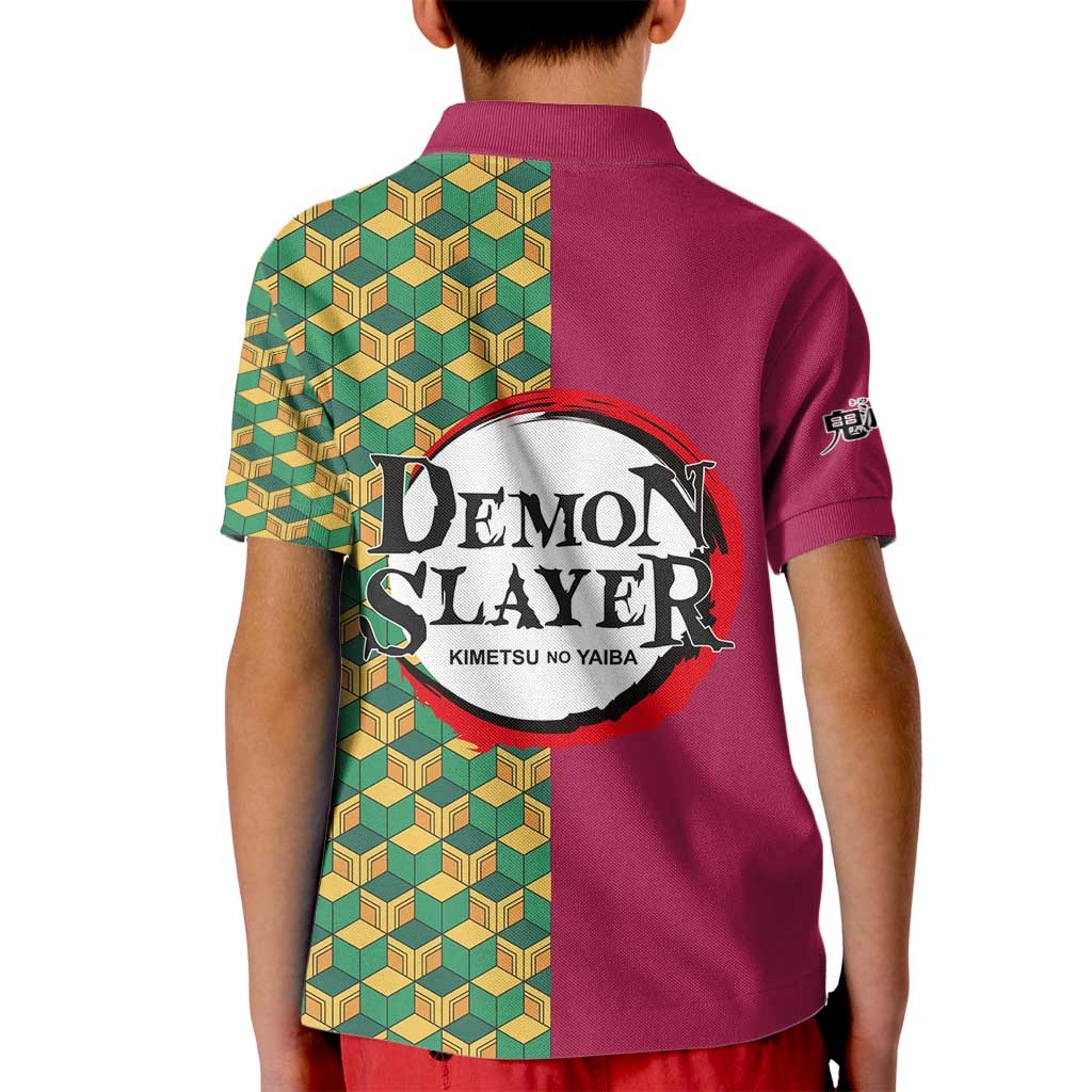 Giyu Tomioka Demon Slayer Kid Polo Shirt with Red Green Geometric Pattern and Water Breathing Anime Design - The Mazicc