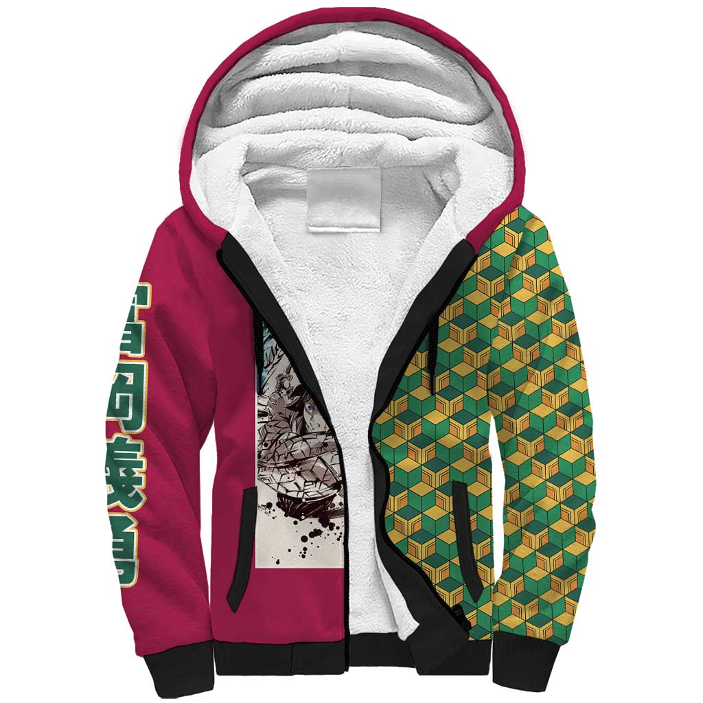 Giyu Tomioka Demon Slayer Sherpa Hoodie with Red Green Geometric Pattern and Water Breathing Anime Design - The Mazicc