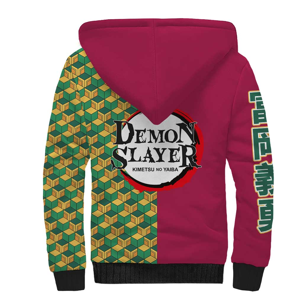 Giyu Tomioka Demon Slayer Sherpa Hoodie with Red Green Geometric Pattern and Water Breathing Anime Design - The Mazicc