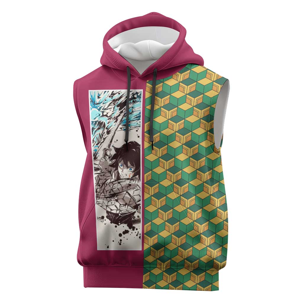 Giyu Tomioka Demon Slayer Sleeveless Hoodie with Red Green Geometric Pattern and Water Breathing Anime Design - The Mazicc