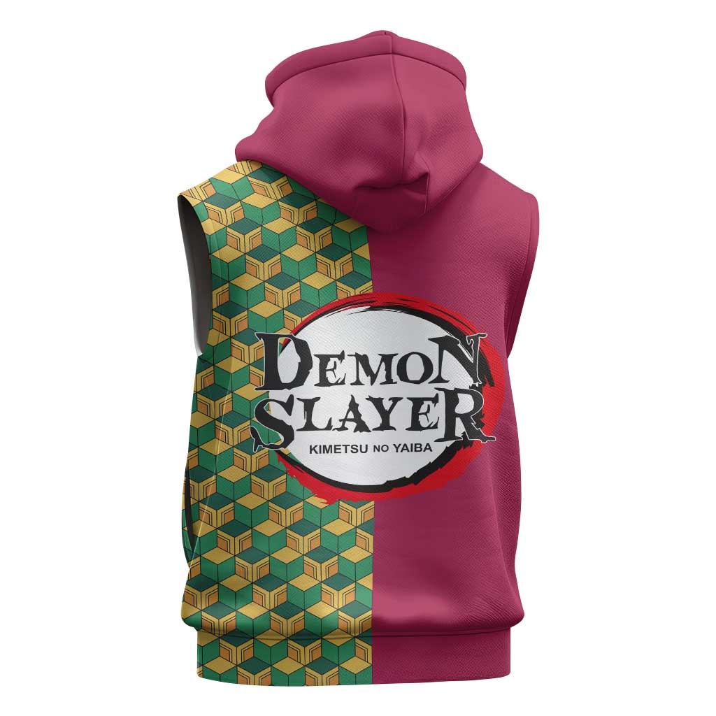 Giyu Tomioka Demon Slayer Sleeveless Hoodie with Red Green Geometric Pattern and Water Breathing Anime Design - The Mazicc