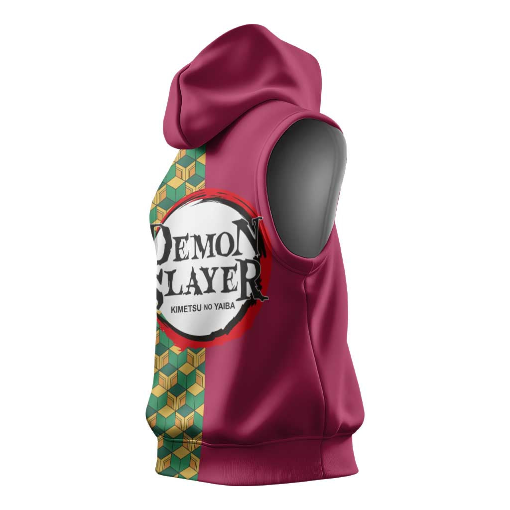 Giyu Tomioka Demon Slayer Sleeveless Hoodie with Red Green Geometric Pattern and Water Breathing Anime Design - The Mazicc