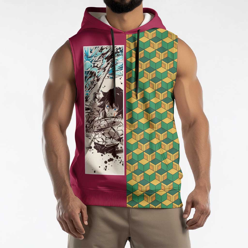 Giyu Tomioka Demon Slayer Sleeveless Hoodie with Red Green Geometric Pattern and Water Breathing Anime Design - The Mazicc