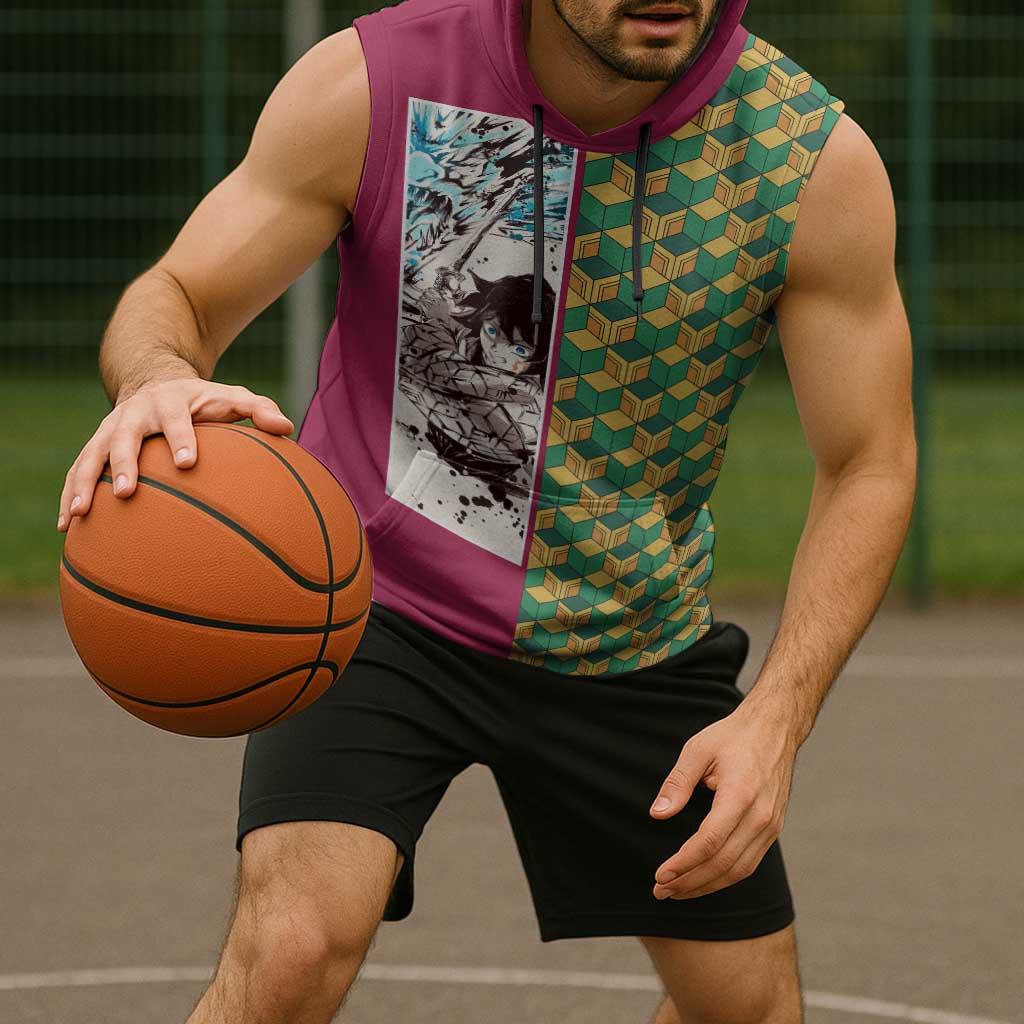 Giyu Tomioka Demon Slayer Sleeveless Hoodie with Red Green Geometric Pattern and Water Breathing Anime Design - The Mazicc