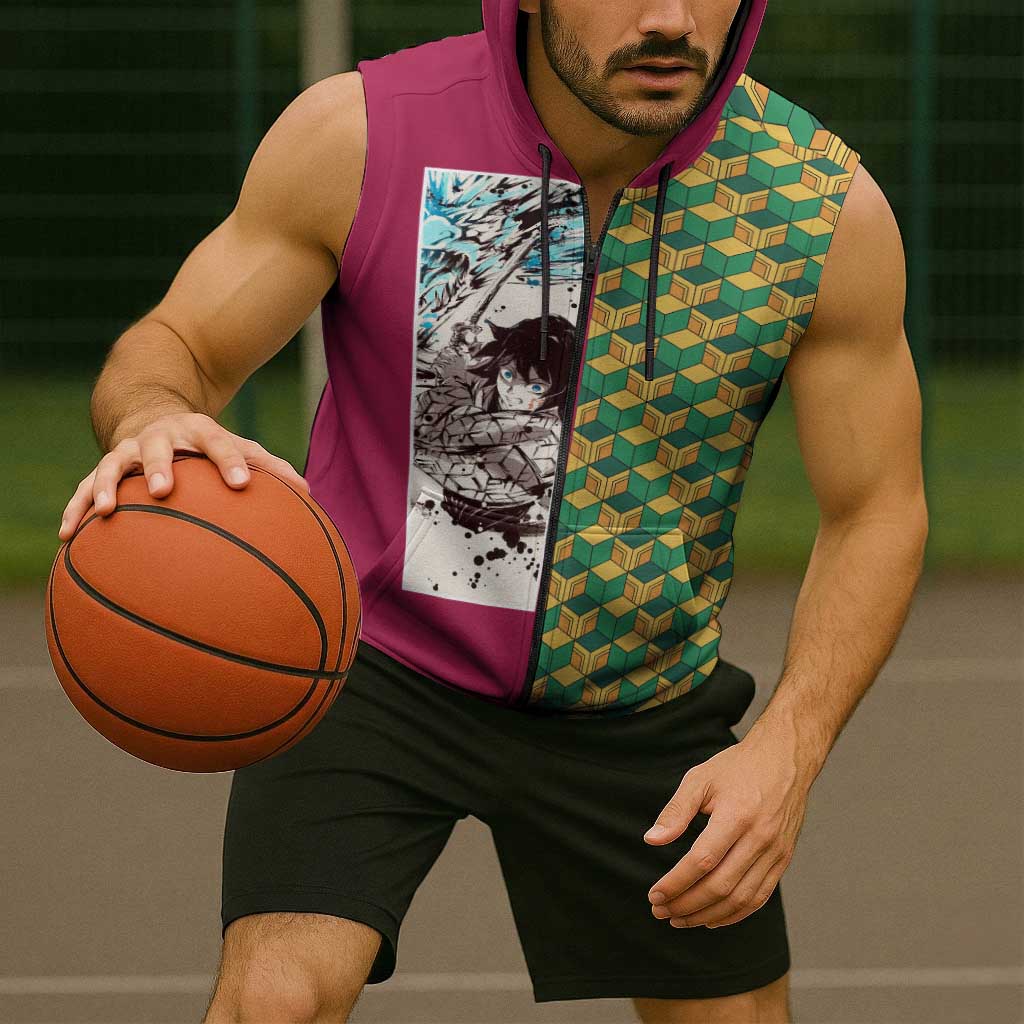 Giyu Tomioka Demon Slayer Sleeveless Zip Hoodie with Red Green Geometric Pattern and Water Breathing Anime Design - The Mazicc