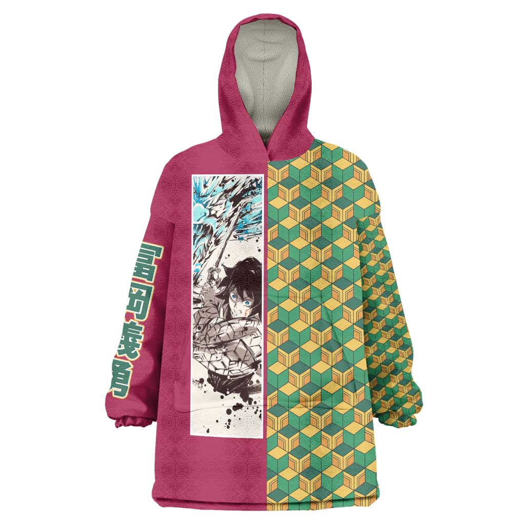 Giyu Tomioka Demon Slayer Wearable Blanket Hoodie with Red Green Geometric Pattern and Water Breathing Anime Design - The Mazicc