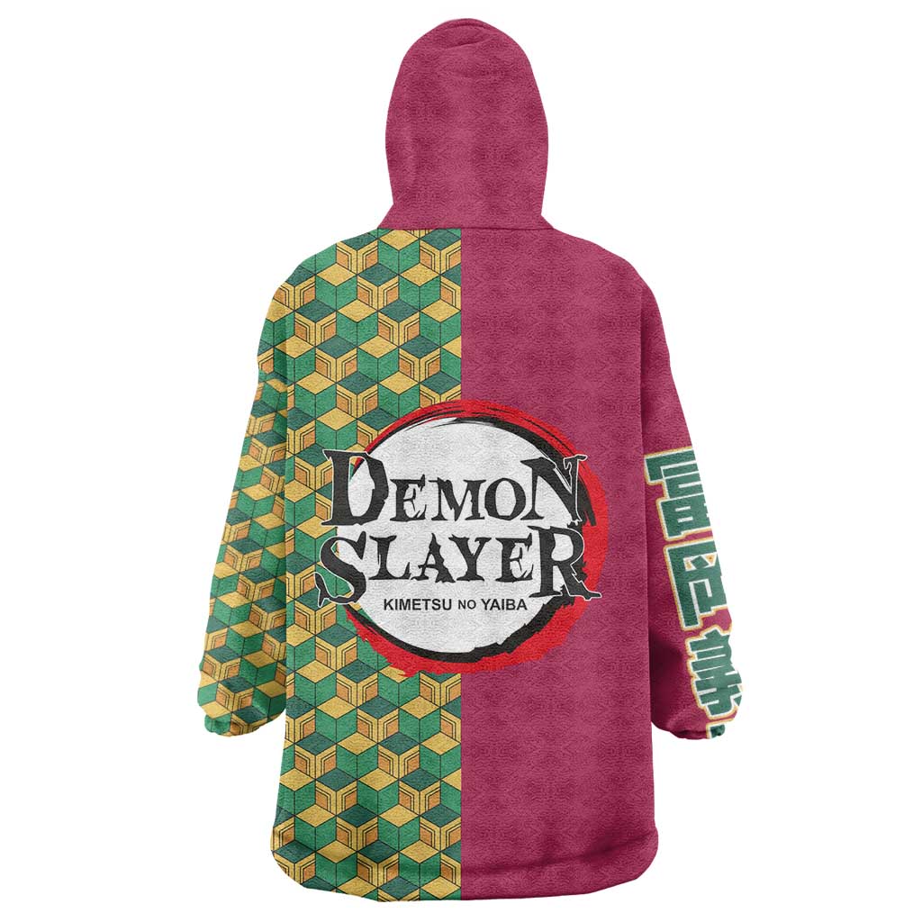 Giyu Tomioka Demon Slayer Wearable Blanket Hoodie with Red Green Geometric Pattern and Water Breathing Anime Design - The Mazicc