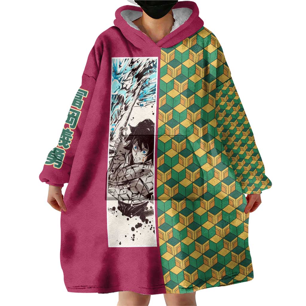 Giyu Tomioka Demon Slayer Wearable Blanket Hoodie with Red Green Geometric Pattern and Water Breathing Anime Design - The Mazicc