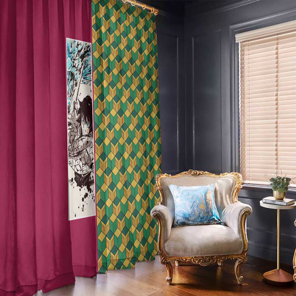 Giyu Tomioka Demon Slayer Window Curtain with Red Green Geometric Pattern and Water Breathing Anime Design - The Mazicc