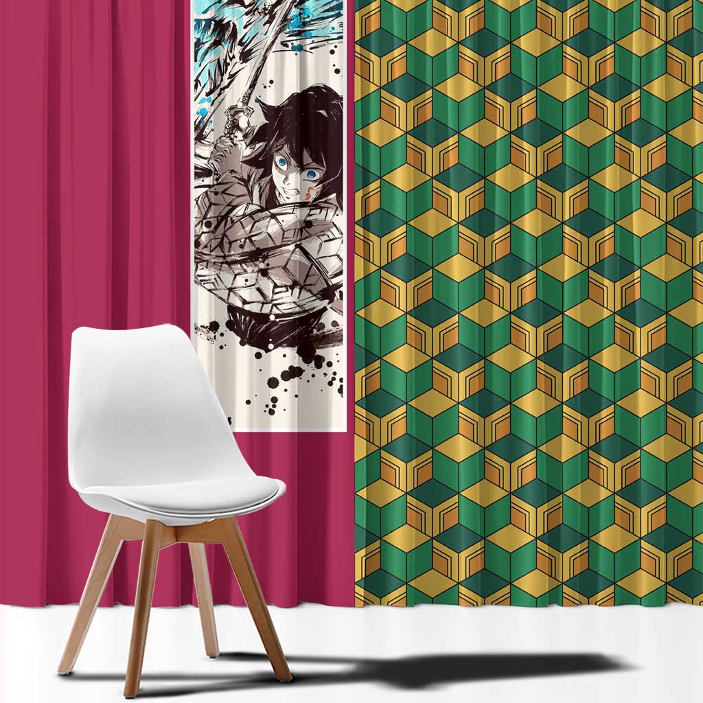 Giyu Tomioka Demon Slayer Window Curtain with Red Green Geometric Pattern and Water Breathing Anime Design - The Mazicc