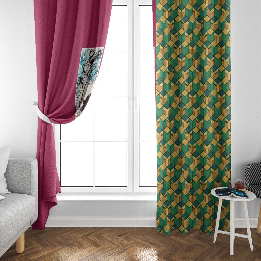 Giyu Tomioka Demon Slayer Window Curtain with Red Green Geometric Pattern and Water Breathing Anime Design - The Mazicc
